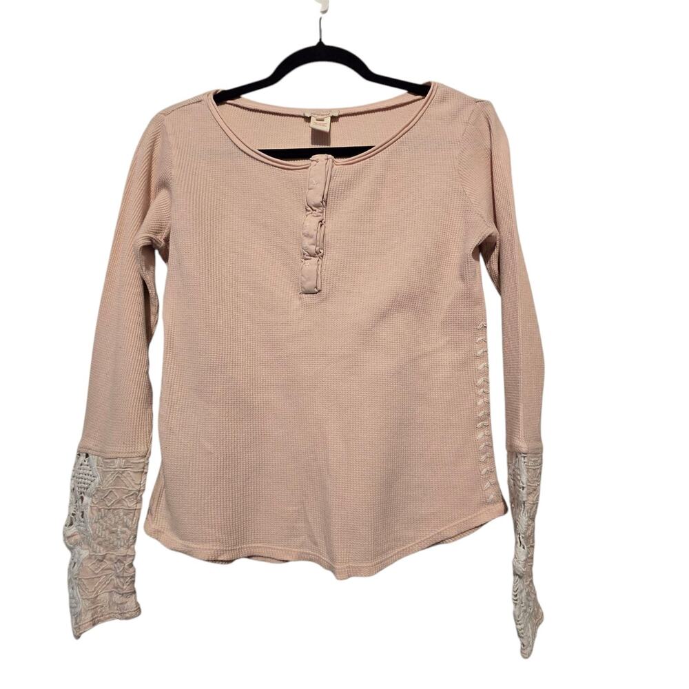 Sundance Womens Cassie Crochet Top SM Beige Henley Boho Cottagecore Peasant